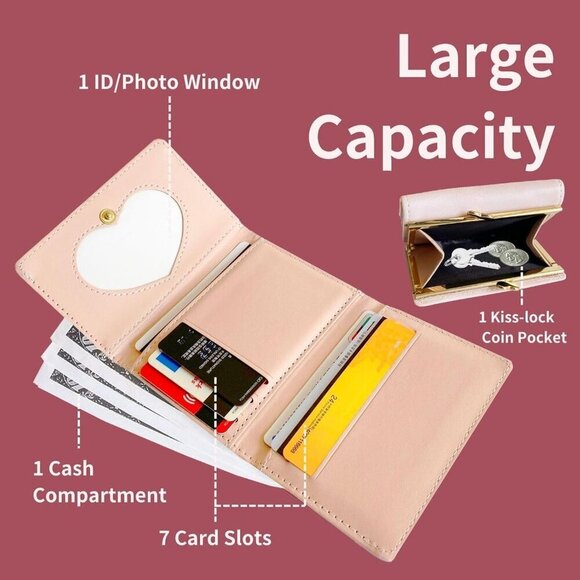 Girls Small Wallet Faux Leather Pink Compact Coin Card Organizer Purse - Picture 3 of 6